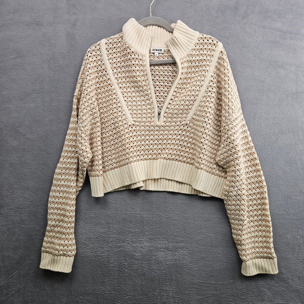 STAUD Cropped Hampton Quarter Zip Sweater Beige Cream Open Knit Striped Large